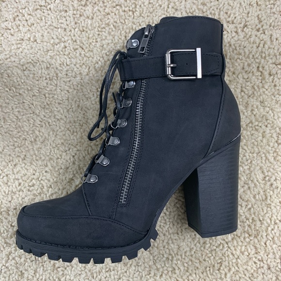 Shoes - Black Heeled Booties With Zipper & Buckle